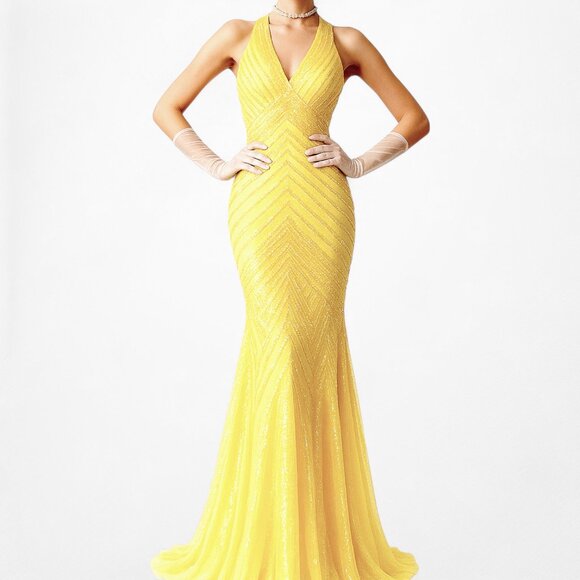 Vintage Y2K Yellow Halter Beaded Sequin Mesh Bodycon Maxi Prom Dress Size XS/S - Picture 2 of 14
